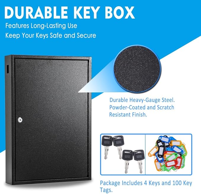 UMEKEN Key Box Wall Mount 100 Position Metal Valet Key Cabinet Lock Box with Key Tags, Key Holder Lockbox Key Organizer Safe Storage Locker Box, Black