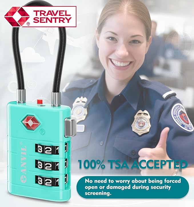 ANVIL TSA Approved Luggage Locks – High Security TSA008 Combination Travel Locks with Inspection Indicator for Suitcases and Backpacks. (4, Cyan)