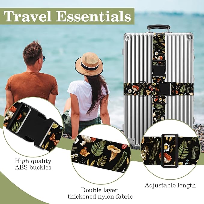 Mushroom Luggage Straps for Suitcases TSA Approved, Luggage Identifiers for Suitcase, Adjustable Suitcase Strap for Baggage Security with Cute Patten, Travel Necessary Accessories (2Pack)