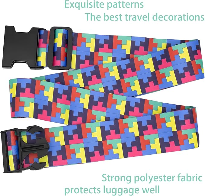 Puzzle Luggage Straps for Suitcases, Adjustable Luggage Travel Belt to Keep Luggage Security While Travel, Strong Polyester Fabric, Easy-to-Recognize Funny Pattern Travel Essentials, 2 Pack