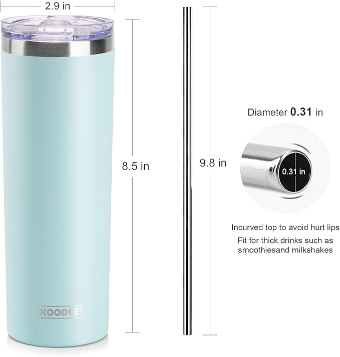 koodee 20 oz Stainless Steel Skinny Tumbler Double Wall Insulated Slim Water Tumbler Cup for Coffee, Tea (Baby Blue)