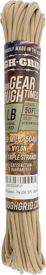 TOUGH-GRID 550 Paracord Rope Nylon Parachute Cord, Made in USA Survival Kit, Outdoor Adventures, Camping, Tactical Gear & Emergency Supplies, Military Type III Mil-Spec