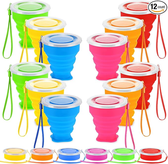 12 Pcs Silicone Collapsible Cup 7.04 oz Folding Camping Travel Collapsible Coffee Cup Portable Reusable Expandable Drinking with Lids for Outdoor Hiking