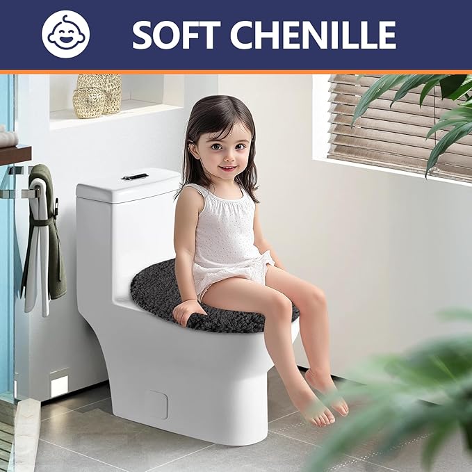 Microfiber Elongated Toilet Seat Cover 19.5"x 15" Machine Washable Solid Toilet Lid Cover Adjustable Rubber Backing Fits Most 18-19.5" L x 14-16" W Elongated Toilet Seat