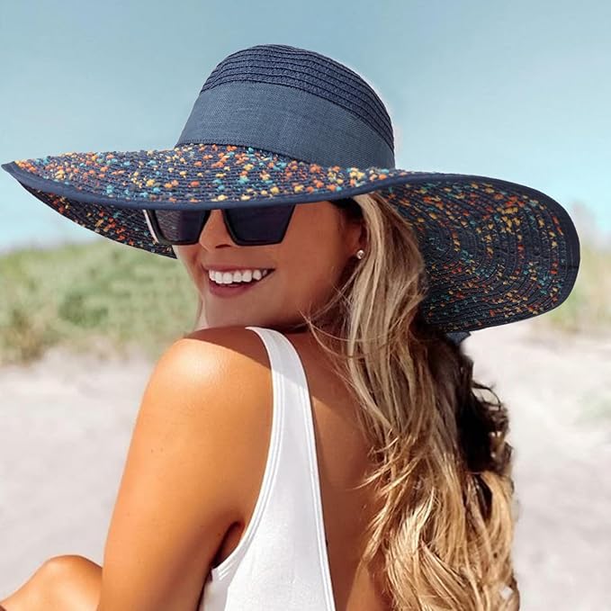 DRESHOW Beach Hats for Women Big Straw Wide Brim Summer Hat Floppy Foldable Roll up Cap Sun Hat UPF 50+