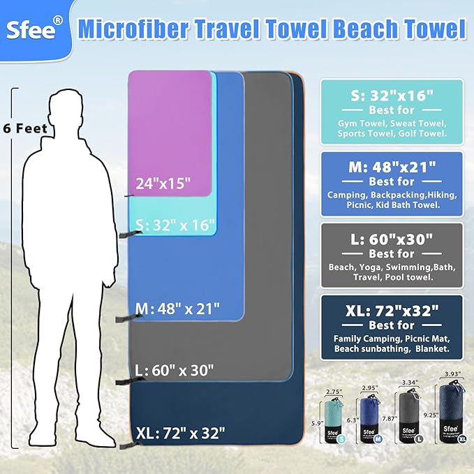 Sfee 2 Pack Microfiber Travel Towel, Quick Dry Camping Towel Super Absorbent Compact Lightweight Sports Towel Swim Gym Towels Set for Gym, Hiking, Pool, Backpacking, Bath, Yoga