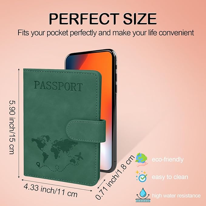 Passport Holders, RFID Blocking Credit Card Holder, PU Leather Passport Holders for Travel with Magnetic Buckle, Travel Must Haves Cruise Ship Essentials for Men, Women (Green)