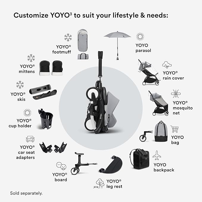 Stokke YOYO3 Stroller from 6 Months - Includes White Frame/Stone Seat Cushion + Canopy - Folds in & Out in a Flash - Light & Compact - Carry-On Compatible
