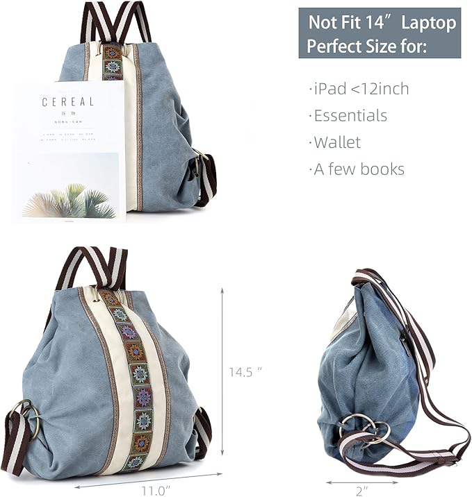 Goodhan Women Canvas Backpack Daypack Casual Shoulder Bag, Vintage Heavy-duty Anti-theft Travel Backpack (Blue Grey)