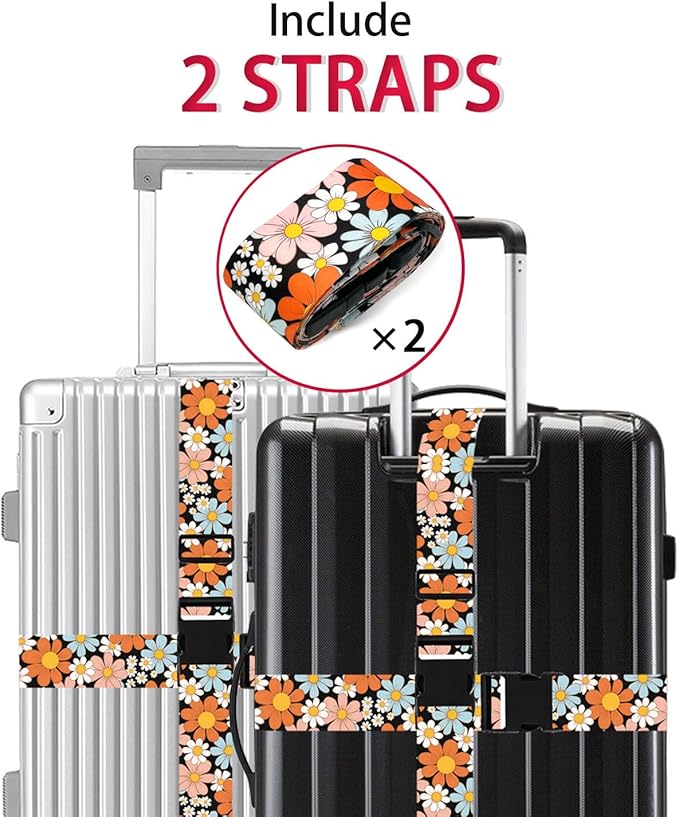 Orange Daisy Luggage Straps for Suitcases TSA Approved, Luggage Identifiers for Suitcase, Adjustable Suitcase Strap for Baggage Security with Cute Patten, Travel Necessary Accessories (2 Pack)