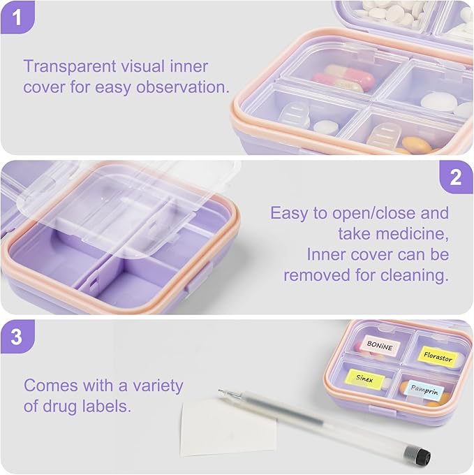 Travel Pill Organizer Box with Labels, 7 Compartments Portable Mini Pill Case, Daily Medication Organizer Storage Pill Container for Pocket Pharmacy(Purple, S)