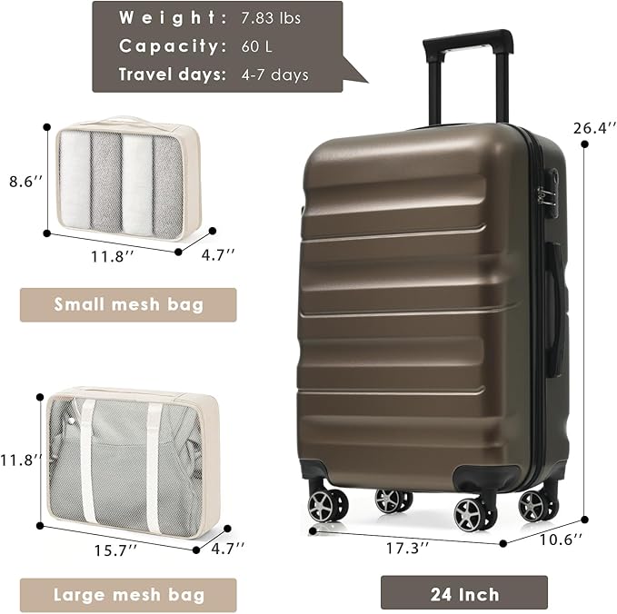 Merax 24 Inch Luggage Set Hardshell ABS Suitcase with Spinner Wheels 2 Packing Cubes Durable Travel Checked Luggage for Weekend Getaways Long Vacations Brown