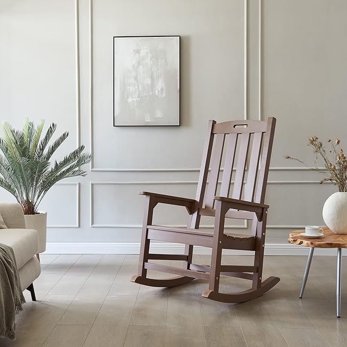 Psilvam Oversized Outdoor Rocking Chair, with 21" Wide Seat and 32" Tall Backrest, Pre-Assembled with Most Components for Effortless Installation (Brown)