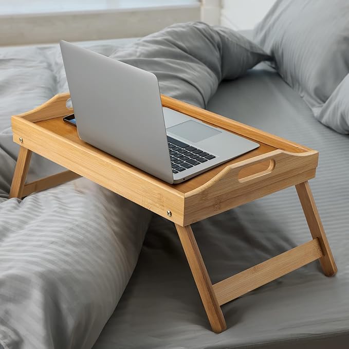 Ruisita 2 Pack Bamboo Bed Tray Table with Folding Legs Breakfast in Bed Tray Snack Food Tray Serving Platters Tray with Handles for Adults Kids Eating Kitchen Bedroom (15.8 x 11 x 6.9 Inch, Natural)