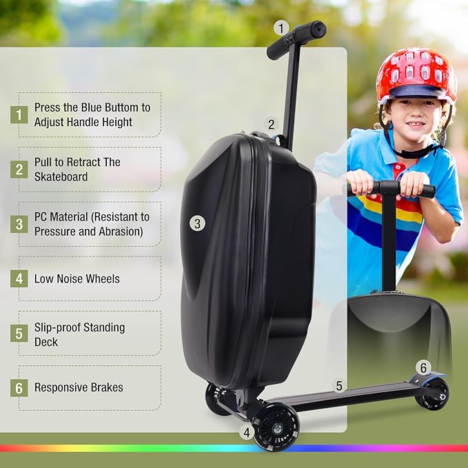 20" Scooter Suitcase for Kids, 2-in-1 Ride On Luggage with Wheels for Boys & Girls Ages 4-15, Foldable Hardshell Carry On Lightweight Travel Suitcase for Airplane