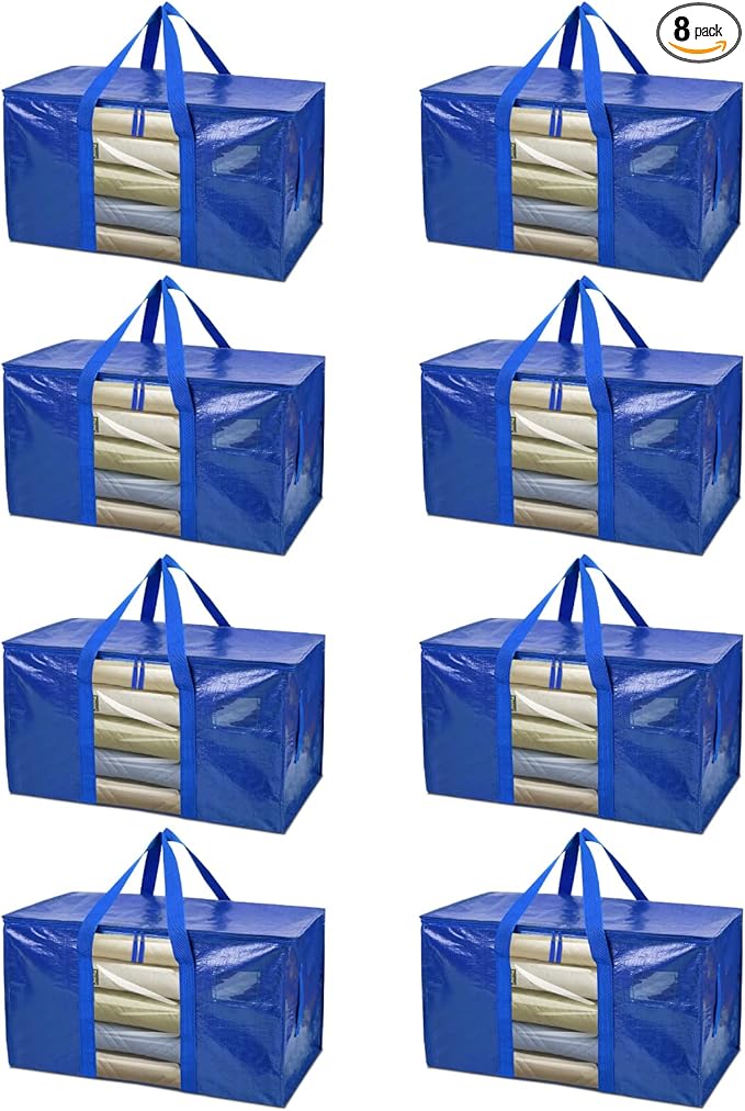 BALEINE 8-Pack Oversized Moving Bags with Reinforced Handles, Heavy-Duty Storage Tote Moving Supplies for Packaging, Camping (Blue w/Window, 8-Pack)