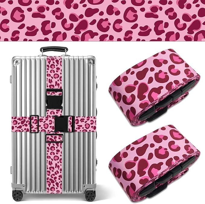 Leopard Luggage Straps for Suitcases TSA Approved, Luggage Identifiers for Suitcase, Adjustable Suitcase Strap for Baggage Security with Cute Patten, Travel Necessary Accessories (2Pack)