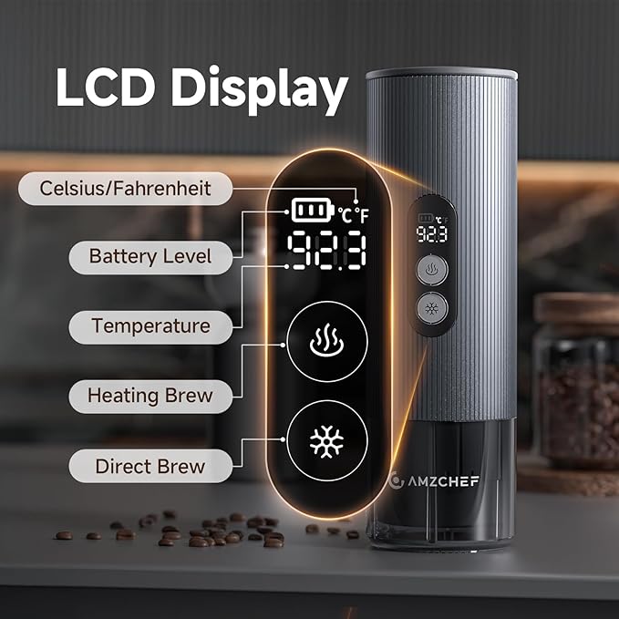 AMZCHEF Portable Espresso Machine w/ 9000mAh Battery & USB-C, 2-in-1 Travel Coffee Maker for Ground/NS Capsules, Car Coffee Machine Self-Heating for Camping, RV, Hiking, Office, Aluminum