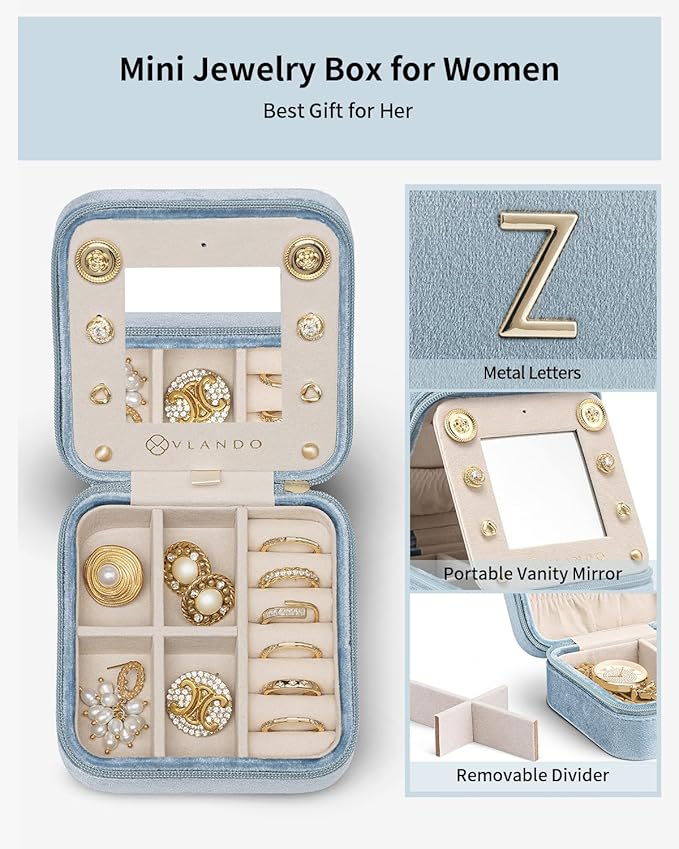 Vlando Teacher Appreciation Gifts for Women, Travel Jewelry Case for Women Teacher Gifts, Travel Gifts for Teacher, Travel Essentials Small Jewelry Box, Jewelry Travel Organizer - Letter Z, Blue