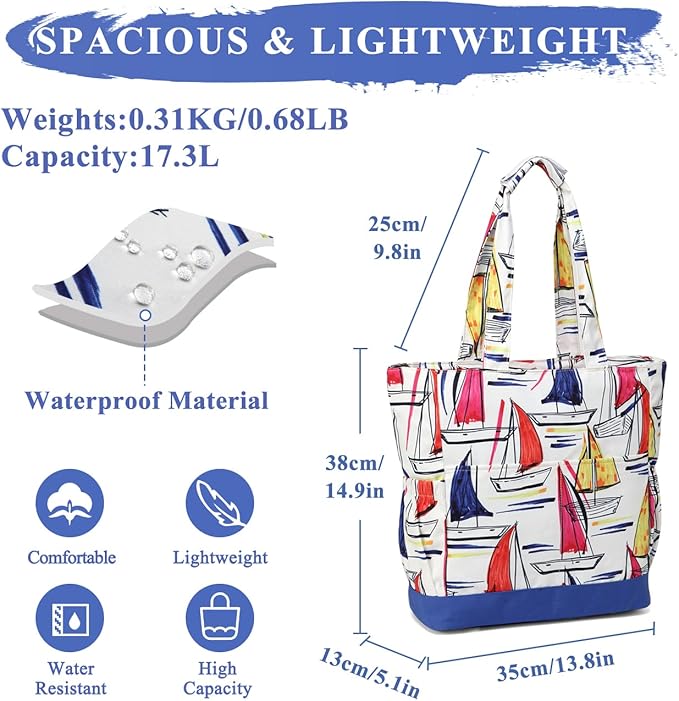 VASCHY Beach Bag for Women, Large Waterproof Sandproof Fold-able Packable Pool Tote Bag w Zipper/Pockets