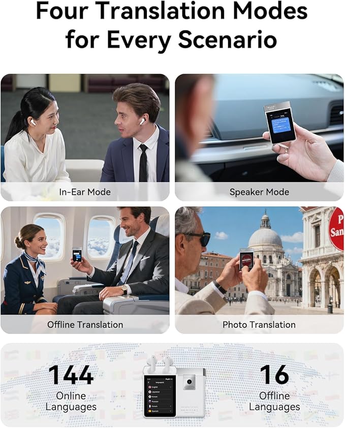 Wooask A9S Translation Earbuds Real Time with ChatGPT, No APP Needed, No Subscription, Languages Translator Device Support 140+ Languages Online/Offline/Photo Translation for Business & Travel