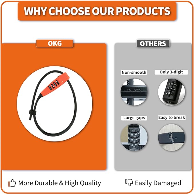 OKG 4-Digit Combination Zip Tie Lock - Anti-Scratch Stainless Steel Cable Bike Lock with Resettable Code, Secure Helmets, Skis, Prams, Luggage, Cabinet, French Doors, and More (Orange)