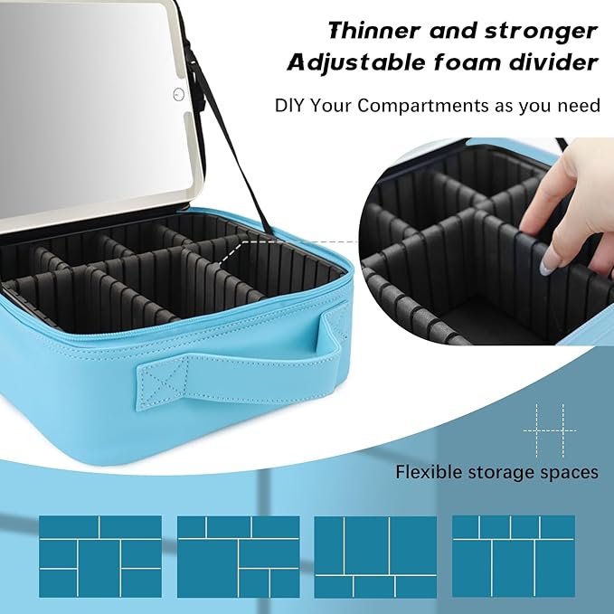 Makeup Bag with Led Mirror,Travel Makeup Organizer with 3 Color Setting, Portable Storage and Adjustable Dividers Travel Makeup Bag(blue)