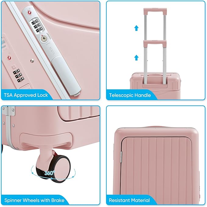 TABU 20" Ride-on Luggage with Seat，Front Opening Carry-On Hardshell Ride On Suitcase with Built-in Charging Port, 360° Lockable Spinner and TSA Lock, for Kids & Adults, Pink