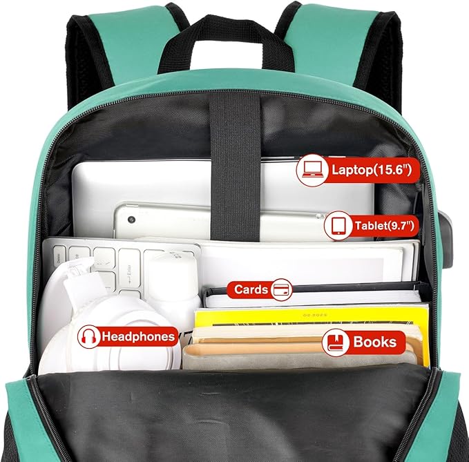 School Backpack for Teens,Green Bookbag Classic Backpack with USB Port for High School College Students