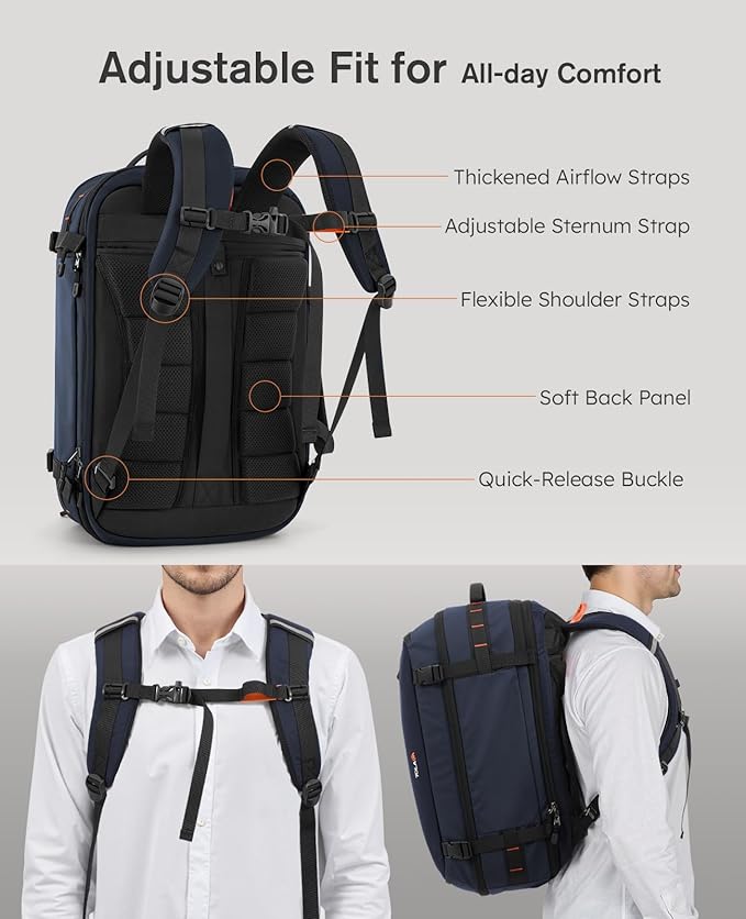 Tolaccea Travel Backpack with Garment Bag, Suit Carry On Backpack, TSA Flight Approved for Travel & Business Trips with Dual Laptop Storage for 17.3" and 12.9" & Extra Toiletry Bag, 45-55L Expandable