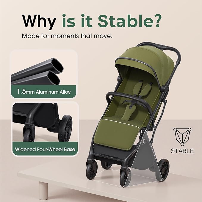 newyoo Lightweight Travel Stroller for Toddlers, Compact Fold Baby/Infant Stroller with Telescoping Handle & Cup Holder, Airplane-Friendly, One-Hand Easy Fold, Near Flat Recline Seat, TR18, Green