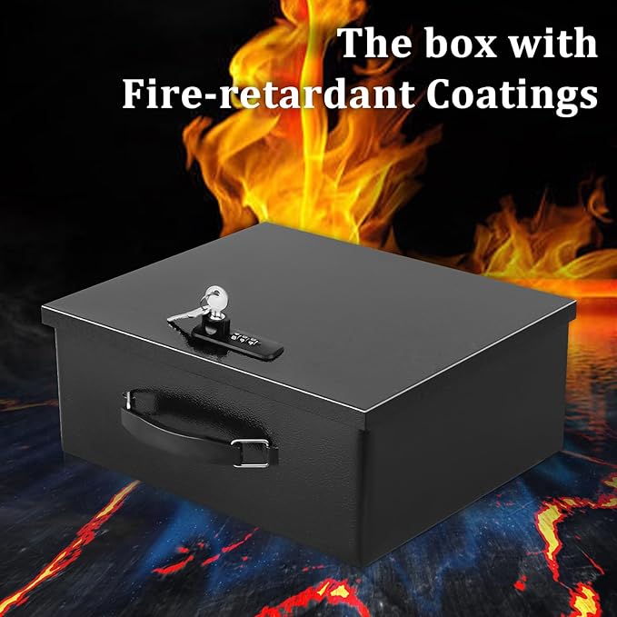 Dalmbox Portable Metal Safe Box with Dual Combination and Key Lock - Fire Resistant Storage for Documents, Car, Home and Outside - X Large 13.2"x 11"x 5.1" Black Box