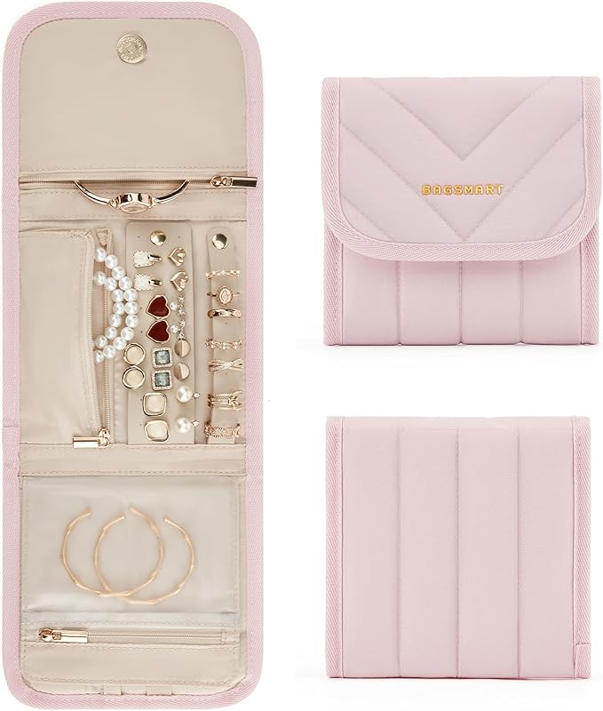 BAGSMART Travel Jewelry Organizer Case, Foldable Jewelry Roll for Necklaces, Earrings, Journey-Rings, Bracelets, Brooches, Portable, Pink