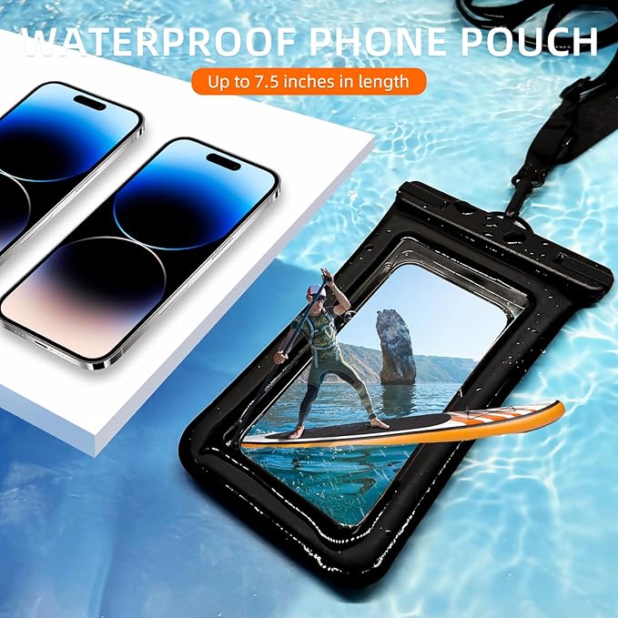 IPX8 Floating Waterproof Phone Case 2-Pack, 7.2 Inch Waterproof Phone Pouch for iPhone 16/15/14 Pro Max Galaxy S24/S23 Adjustable Lanyard + Wrist Strap Beach Swimming Travel Essentials Black