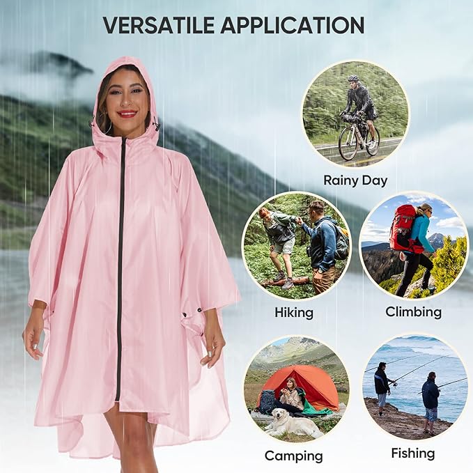 PTEROMY Hooded Rain Poncho for Adult with Pocket and Zipper, Waterproof Lightweight Raincoat for Men and Women
