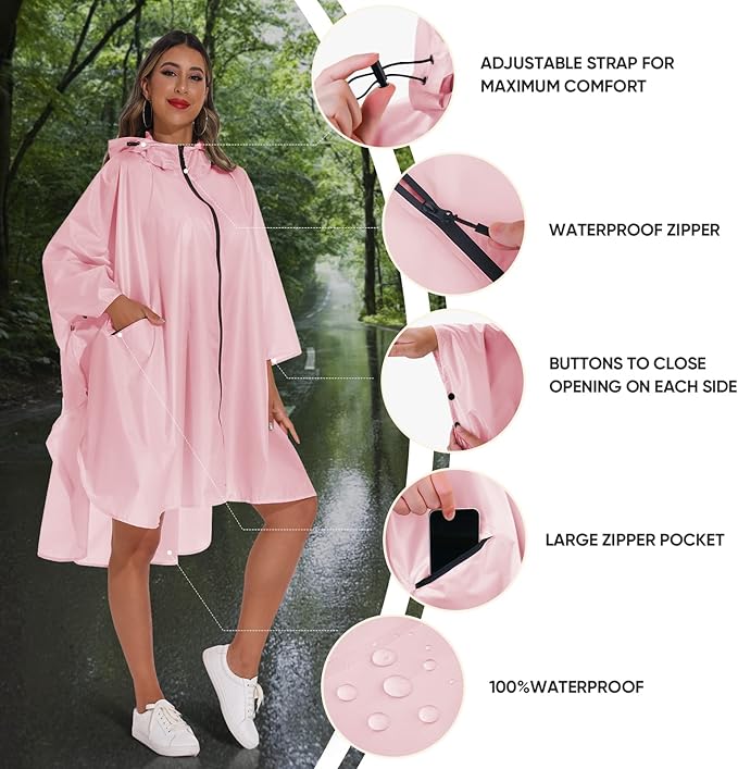 PTEROMY Hooded Rain Poncho for Adult with Pocket and Zipper, Waterproof Lightweight Raincoat for Men and Women