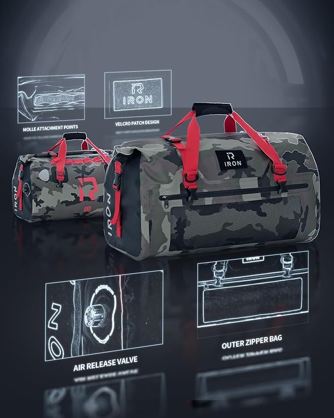 BORLENI Waterproof Motorcycle Dry Duffel Bag Luggage Tail Bag with Large Storage Space,Roll Top Closure, Shoulder Straps, Inner Pocket and Mesh Pocket for Motorcycling Travel Camping(Camouflage,30L)