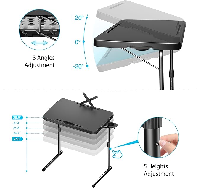 Ultra TV Tray Table, Allpop TV Dinner Tray for Eating, Adjustable Folding Tray Table with Book Stand, Cup Holder, Laptop Stopper & Tablet Slot on Coach & Bed, Black
