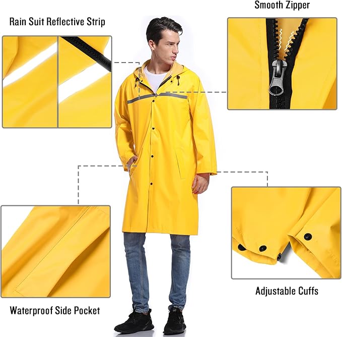 Mens Long Hooded Safety Rain Jacket Waterproof Emergency Raincoat Poncho