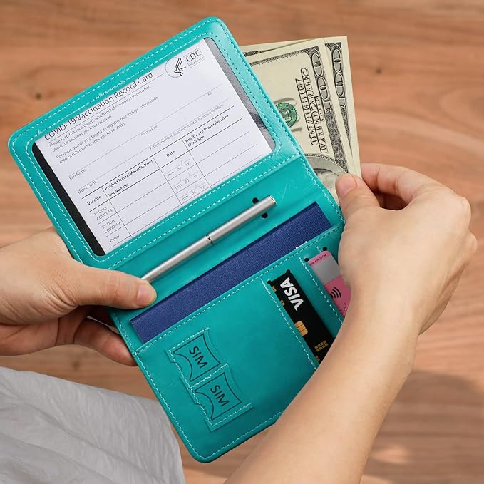 TIGARI Passport Holder for Travel Women Men, PU Leather Waterproof RFID Passport Holder Wallet Cover Case Sleeve, Family Vacation Plane Cruise Travel Document Organizer Essentials-Teal