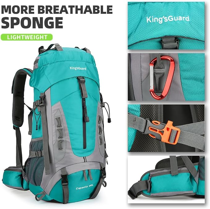 King'sGuard 60L Hiking Backpack Large Waterproof Camping Backpack for Men and Women Lightweight Frameless Backpacking Backpack with Rain Cover (Lake Blue)