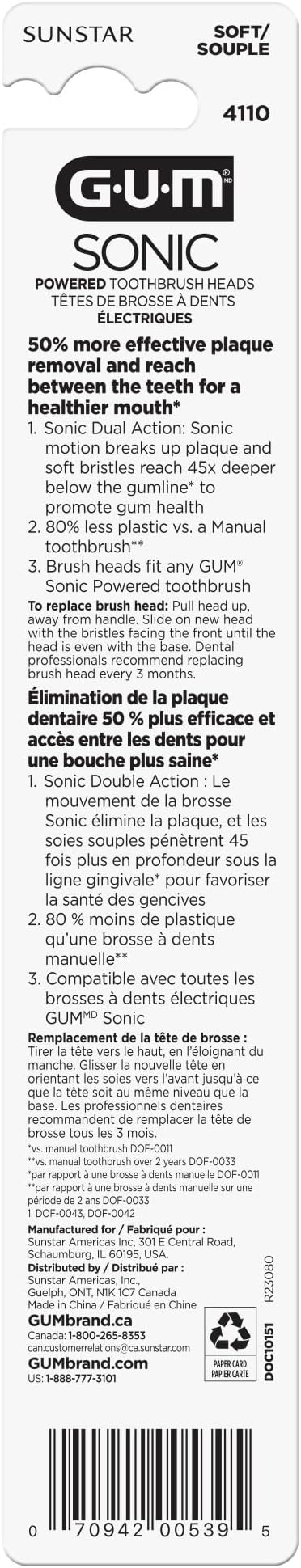 GUM Sonic Powered Toothbrush Refills, Tapered Bristles Clean Below The Gumline, Black 2ct. (Pack of 2)