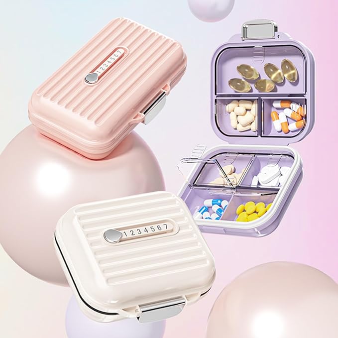 Travel Pill Organizer Box with Labels, 7 Compartments Portable Mini Pill Case, Daily Medication Organizer Storage Pill Container for Pocket Pharmacy(Pearly White, S)