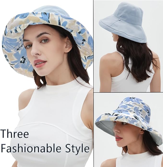 vidsel Womens Sun Hats Wide Brim Reversible Bucket Cotton Hat Packable Summer Travel Cap with Hat Clip,UV Protection