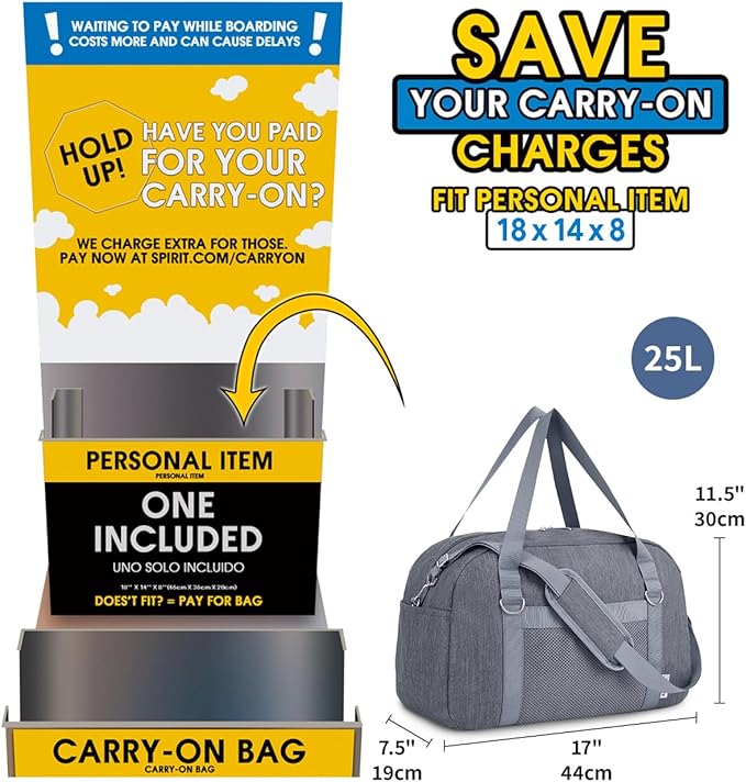 Narwey For Spirit Airlines Personal Item Bag 18x14x8, Small Duffle Bag for Travel, Duffel Bag for Traveling, Carry on Bag for Airplanes Underseat Overnight for Women and Men (Grey)