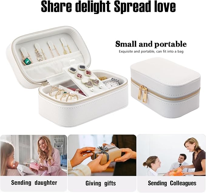 Small Jewelry Travel Case For Womens Small Rectangle PU Leather Jewelry Box With Zipper 2.56" H Portable Travel Jewelry Case For Big Earring Rings Necklaces Bracelets White Jewelry Gifts Box