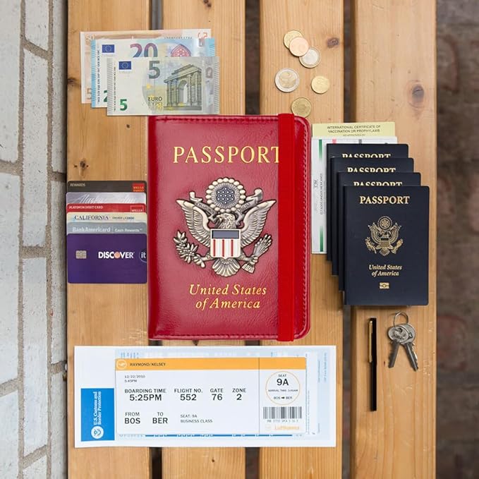 Passport Holder for Travel Passport Cover for Men Passport Wallet Case with Metal 3D Metal Badge Protector Leather Card Case RFID Blocking Women Travel Accessories Document Organizer (Red)