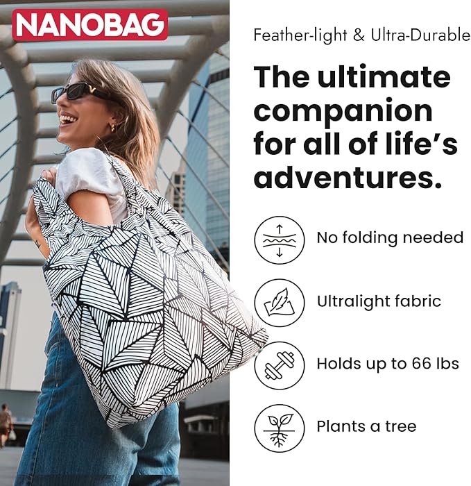 Nanobag Ultra-Lightweight Foldable Tote for Women & Men, Reusable Grocery & Travel Bag, Packable Collapsible Compact Market Essential (Standard Black)