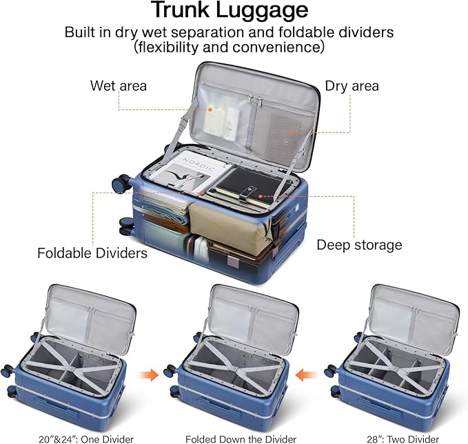 Hanke 20 Inch Carry On Luggage with Cup Holder and Charge,Top Opening Hard Shell Suitcases with Wheels and Dividers,Aluminum Frame Trunk Luggage Small Suitcase with Lock for Travel,Interstellar Blue
