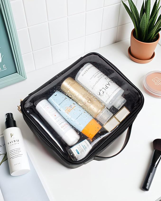 KOTORA TSA Approved Toiletry Bag with Mini Clear Makeup Bag PVC Cosmetic Bags for Women and Men, Carry on Airport Airline Compliant Bag Car Accessories for Women Her (1Handle-Black)